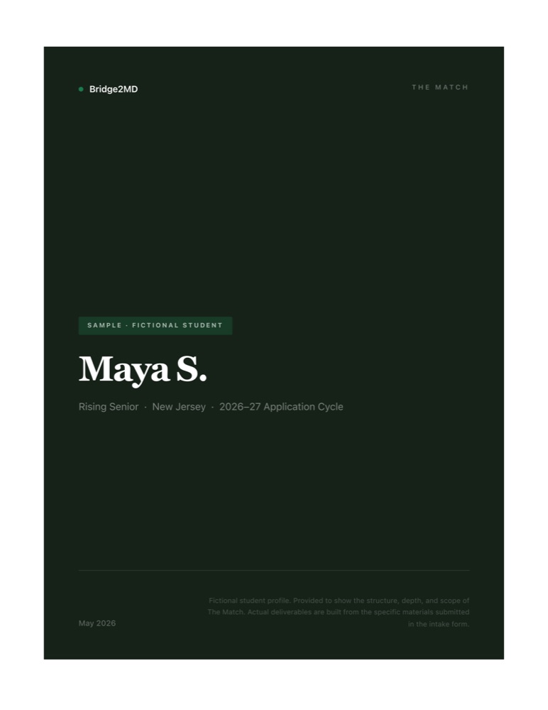 Cover of a Bridge2MD Match sample report for a fictional student